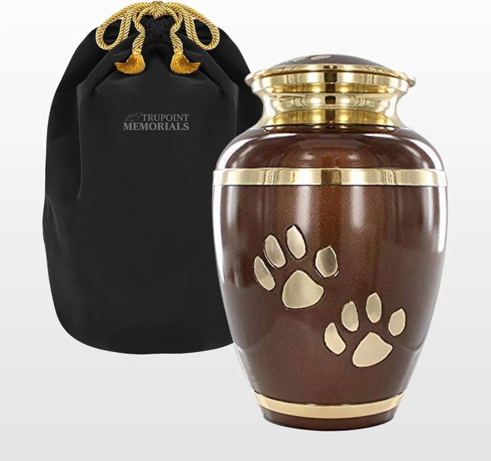 Brown and gold pet urn with paw print design