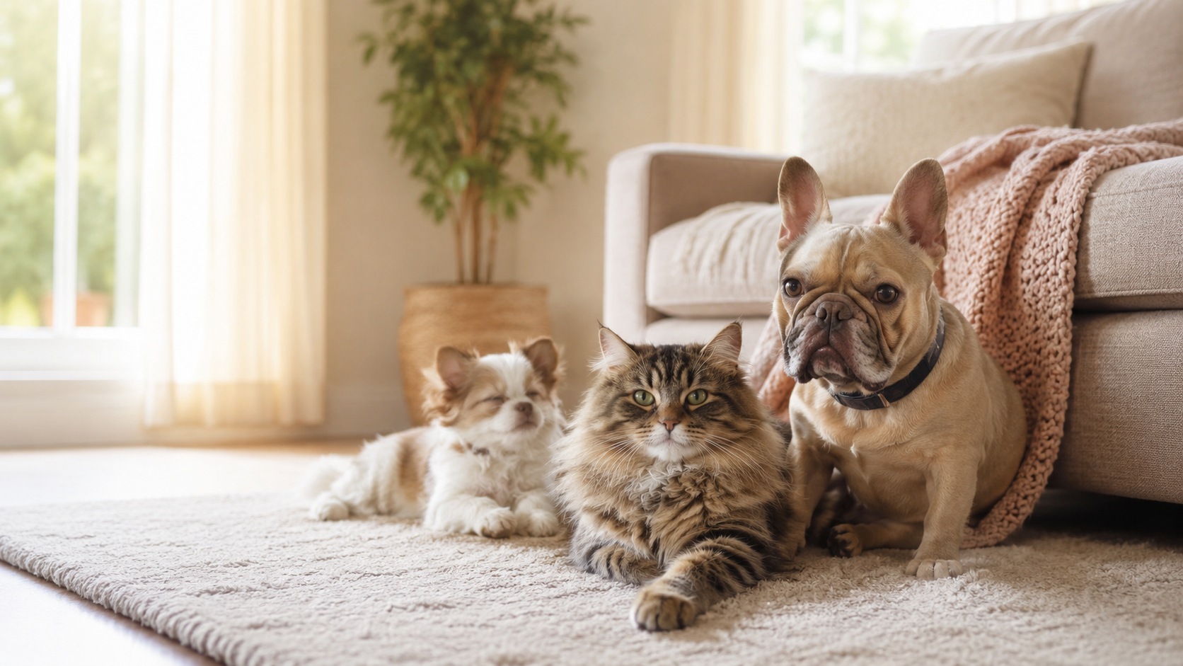Dogs and a cat relaxing together in a warm home